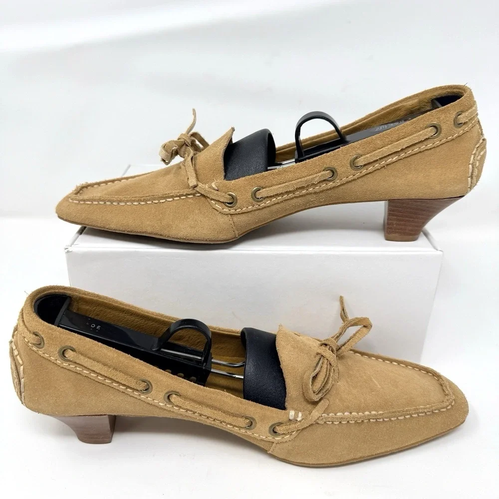 Vintage Eddie Bauer Suede Kitten Heel Loafers Square Toe Tan‎ Women's 8M